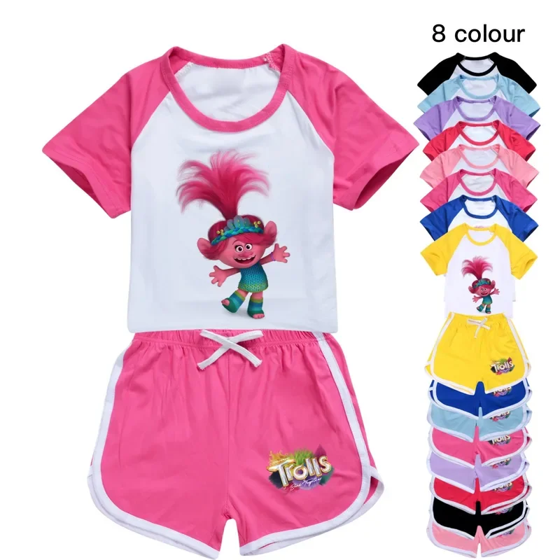 Ropa de verano para niños y niñas, camiseta informal de trolls poppy, pantalones cortos, trajes deportivos, 2 pijamas