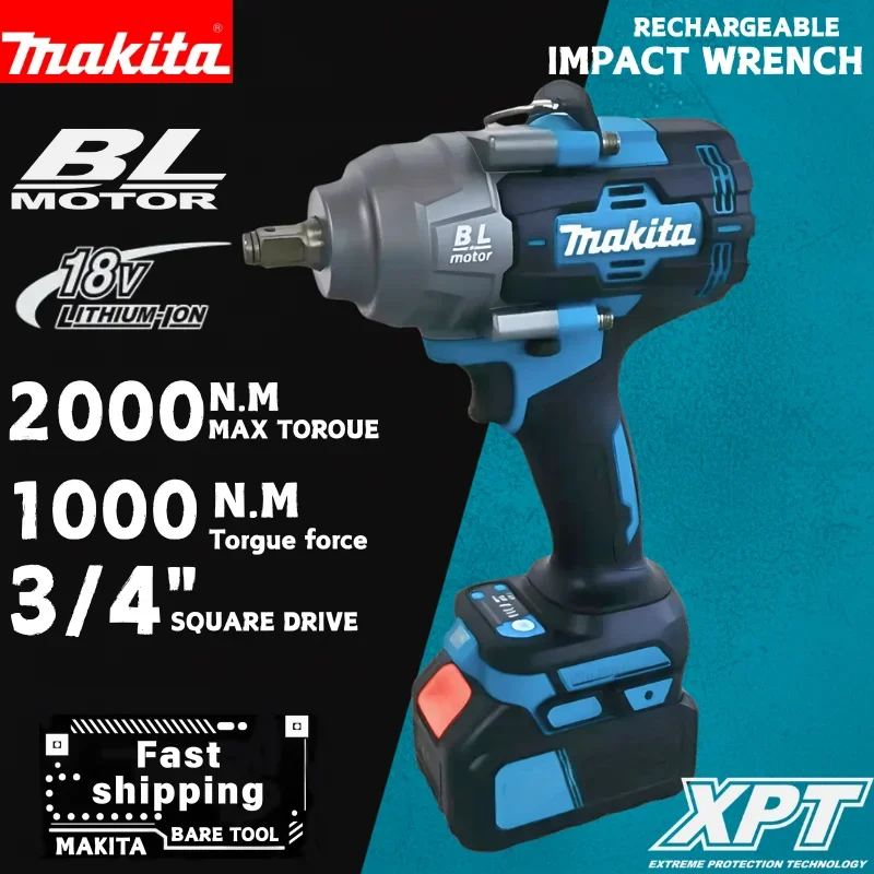 Llave de Impacto Inalámbrica Makita de 2000N·m, sin Escobillas, con Accionamiento de 1/2 Pulgada, Alto Torque, para Reparación Profesional de Neumáticos de Automóviles y Carreras