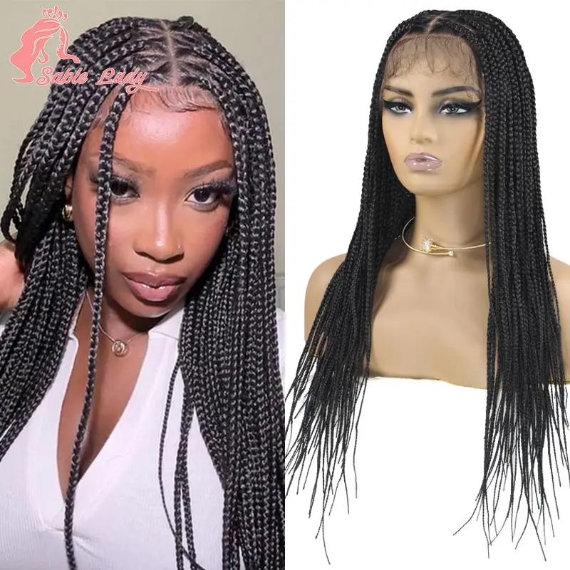 Sintético Full Lace Frontal trançado perucas para mulheres, peruca Jumbo Knotless trança, tranças Box Cornrow, preto Africano perucas, 26"