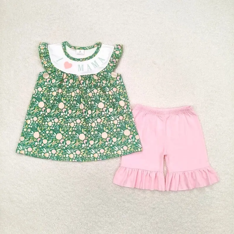 New rts baby girl summer set wholesale boutique I love mama letter print flower green short sleeve pink shorts suit