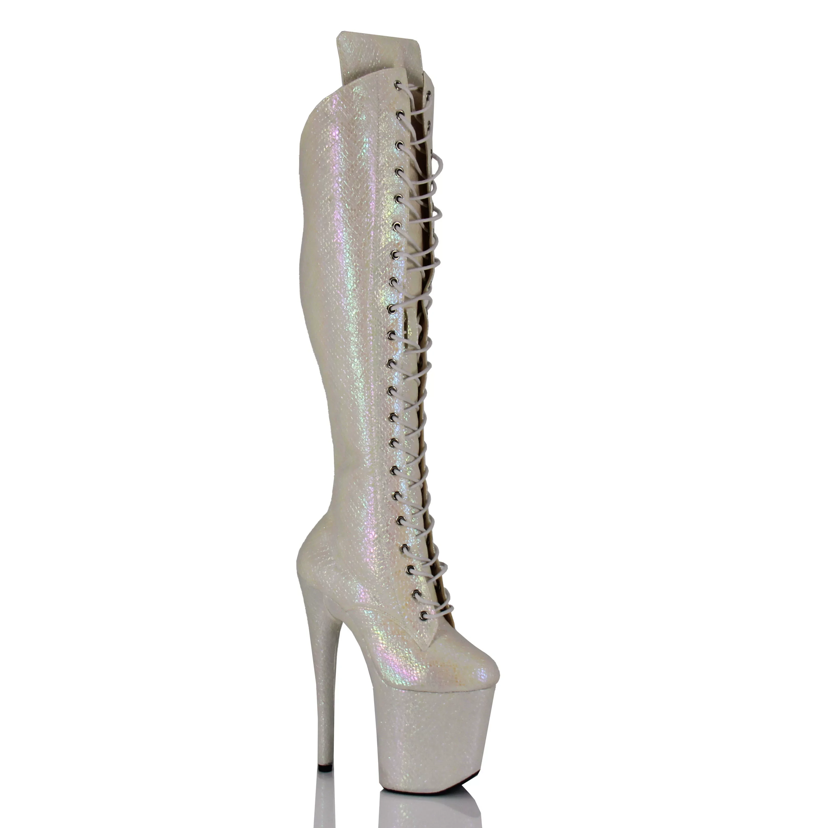 New 20cm Thigh High Boots, Laser Snake Print Stiletto Heel Over‑the‑Knee Boots Pole Dance Stage Performance Model Show Shoes