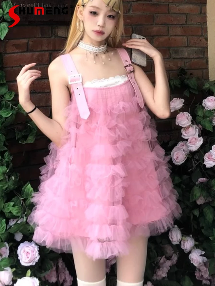 Estilo japonês doce kawaii rosa malha alças fofas mini vestidos soltos versáteis linha a babados em camadas vestido curto feminino verão