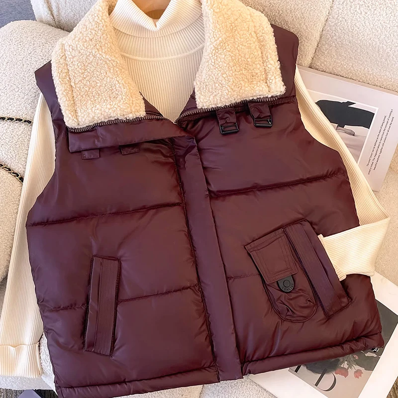 

Модные женские жилеты из искусственной кожи, новинка 202, осенне-зимняя универсальная верхняя одежда без рукавов, стильный хлопковый жилет с воротником из овечьей шерсти