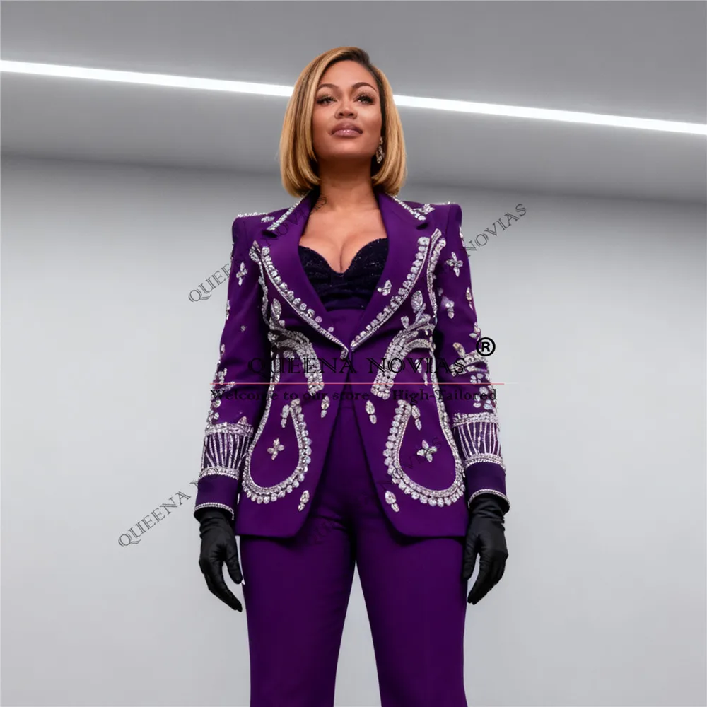 

Purple Women Suit Sets 2 Pieces Rhinestone Crystals Prom Blazers Customized 2 Single Breasted Jacket Pants Bride's Mother Dress