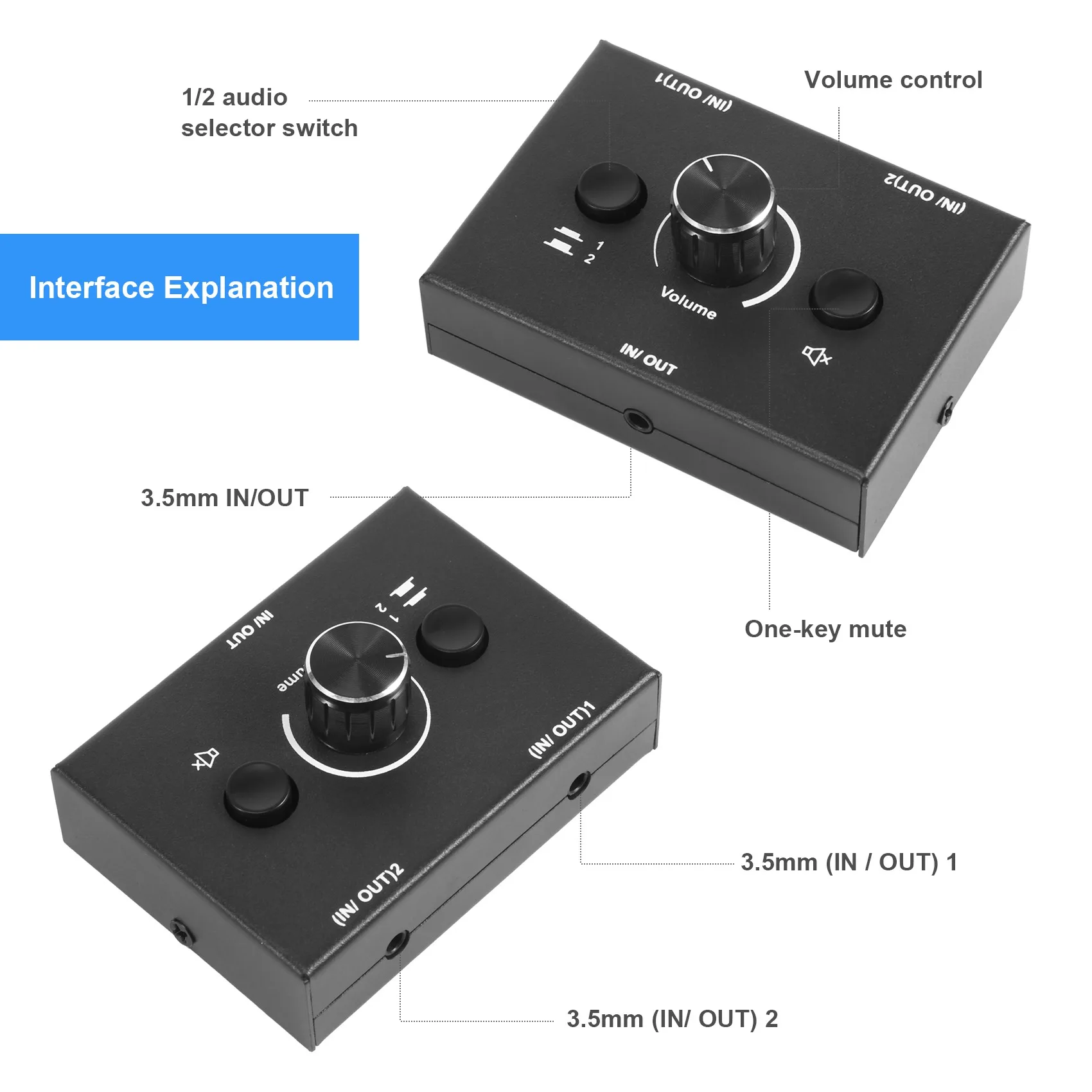 Przełącznik audio 3,5 mm, 2 wejścia 1 wyjście/1 wejście 2 wyjścia Przełącznik rozdzielacza audio, skrzynka przełącznika audio, przycisk wyciszenia jednym klawiszem