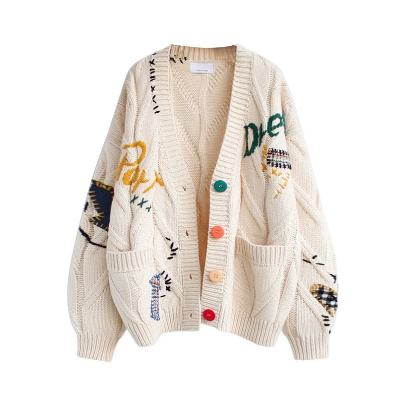 

Autumn and winter new loose Fried Dough Twists embroidery button elegant pocket knitting sweater cardigan coat women