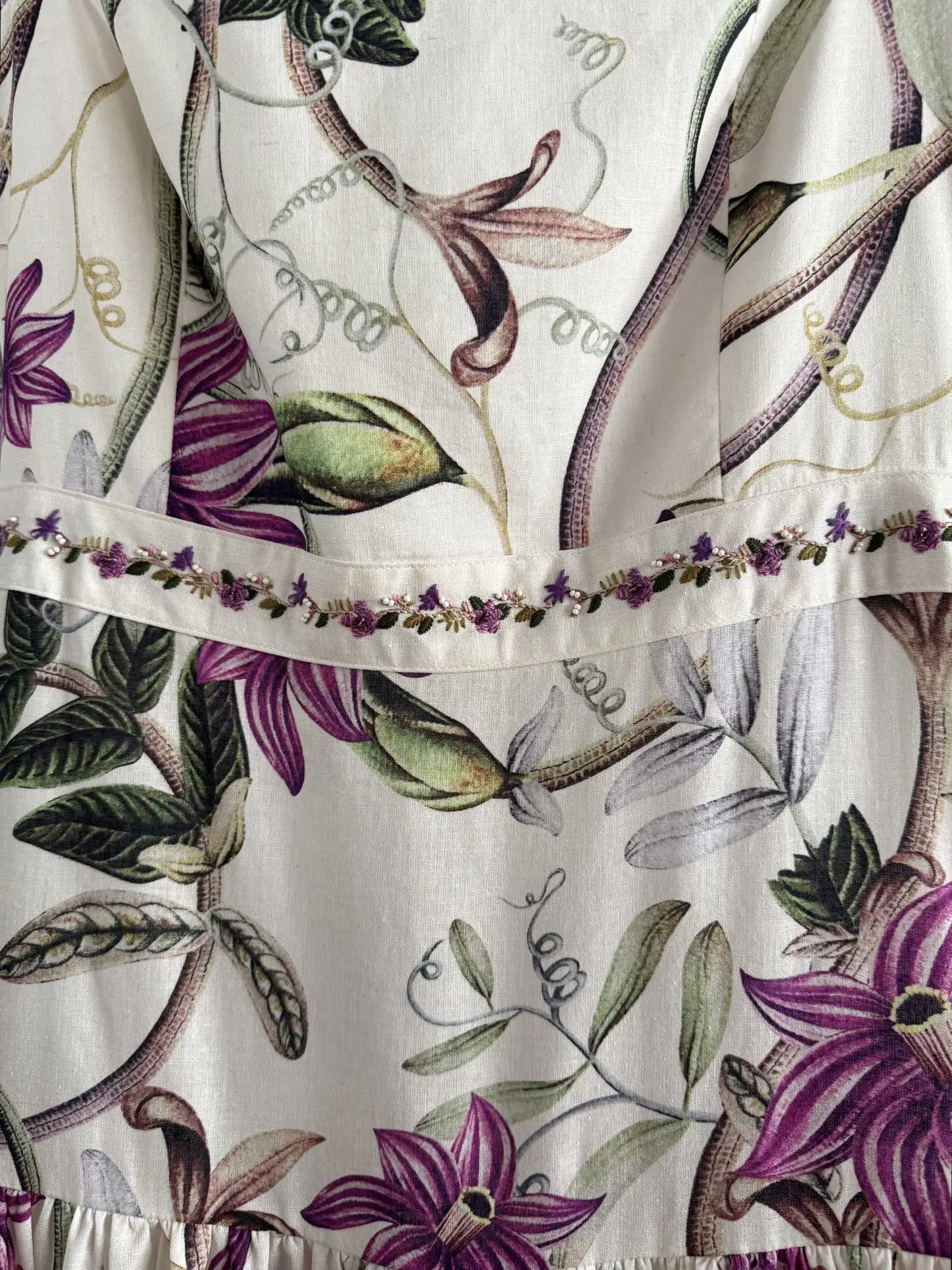 Robe Maxi de vacances en lin pour femmes, imprimé floral violet, broderie, taille haute, sans manches, élégante, 100%