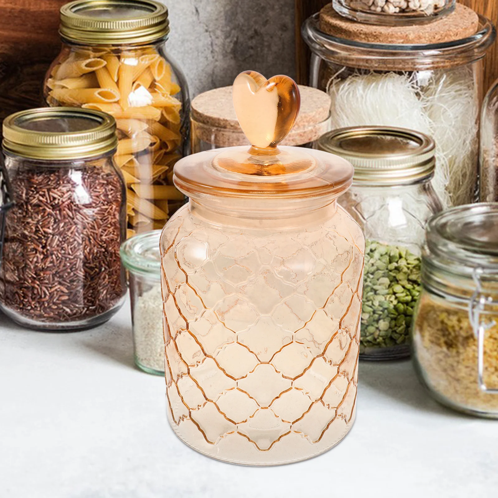 

Airtight Amber Glass Storage Jar 950ml Heart Handle Snack Coffee Tea Sugar Grain Preservation Container Kitchen Pantry