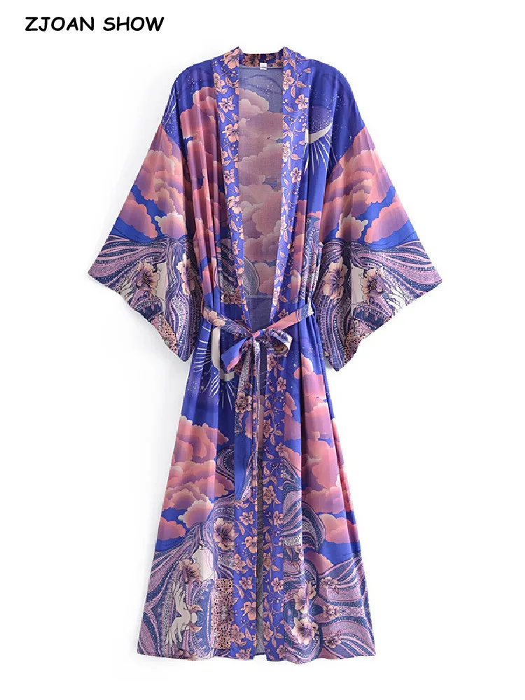 2021 Bohemian Women Blue Space Moon Flower Print Kimono Shirt BOHO Beach Tide Bow Sashes Maxi Long Cardigan Blouse Holiday Tops