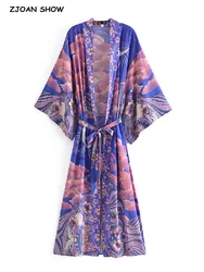 Kimono bohème pour femmes, bleu, imprimé espace, lune, fleur, chemise, bo00-plage, marée, nœud, ceintures, maxi long cardigan, chemisier, vacances, 2021