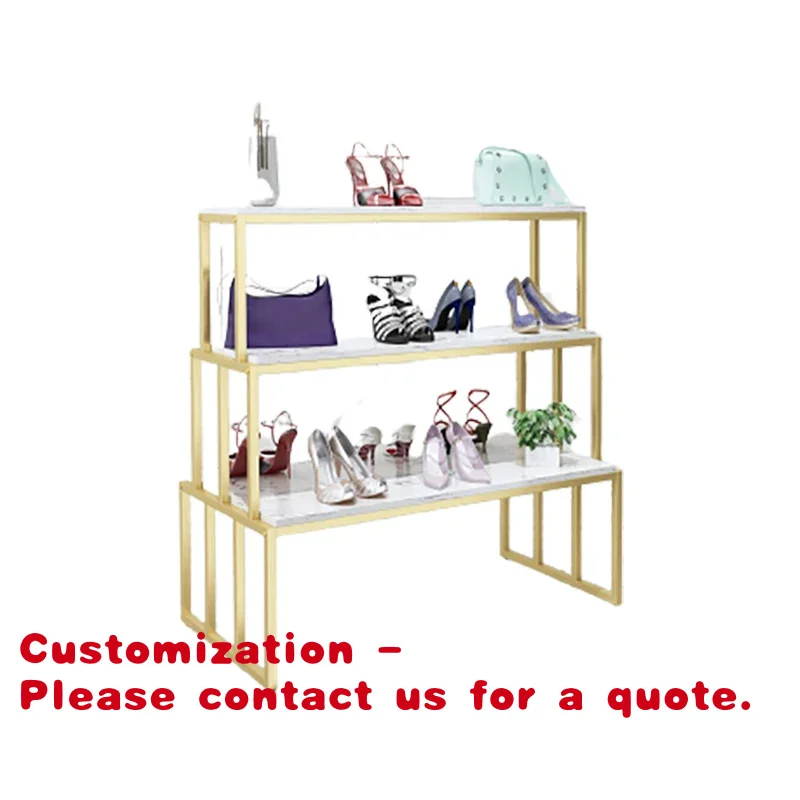 

Customize.Shopping Mall 3-Tier Marble Grain Shiny Gold Metal Stainless Steel Frame Handbag Clothing Shoes Display Table Rack