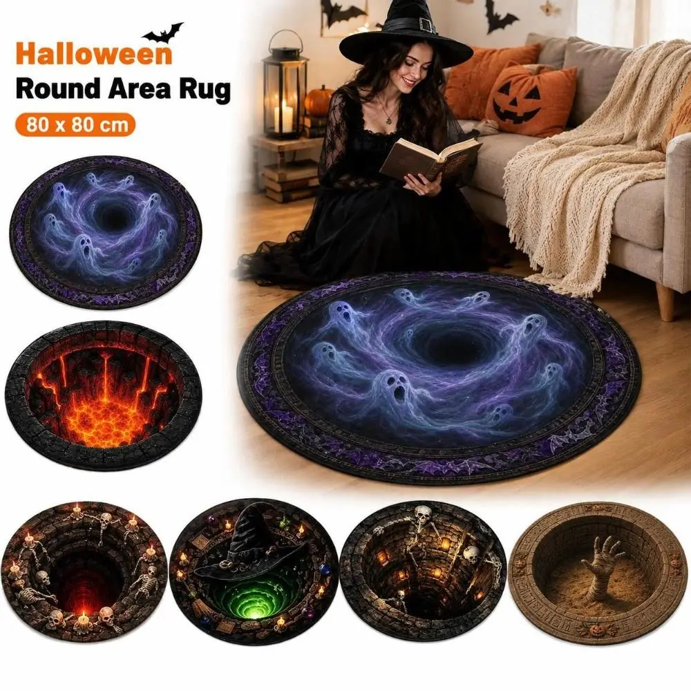 Crystal Velvet Halloween Area Rug Horror Pattern 3D Special-shaped Round Carpet Anti-Slip Atmosphere Decoration