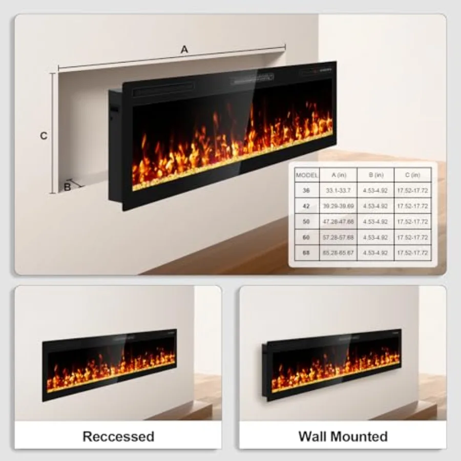 مدفأة كهربائية 60 بوصة، سخان مدفأة خطي فائق النحافة مثبت على الحائط مع كريستال بسعة تسخين 750 1500 وات