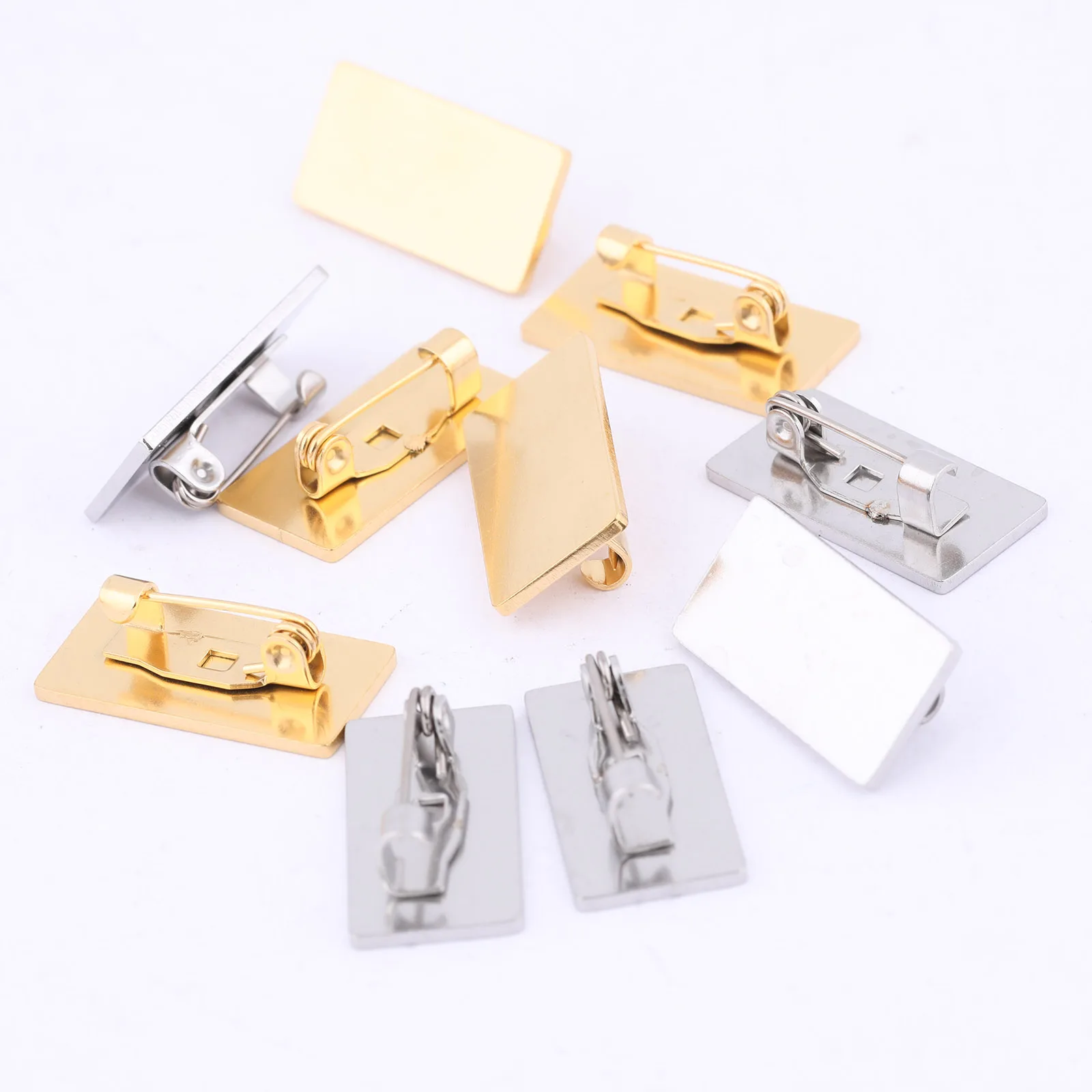 10pcs 10x20mm Rectangle Pad Brooch Base Pin Clips Trays Stainless Steel Gold Plated Bezel Settings For Broches Jewelry Making