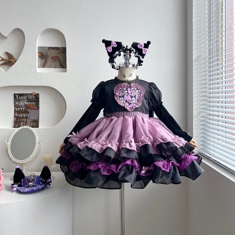 Kuromi-falda de princesa Lolita Sanrios para niñas, Vestido de manga larga, disfraz de Halloween, fiesta de cumpleaños, falda de pastel, regalo para niñas