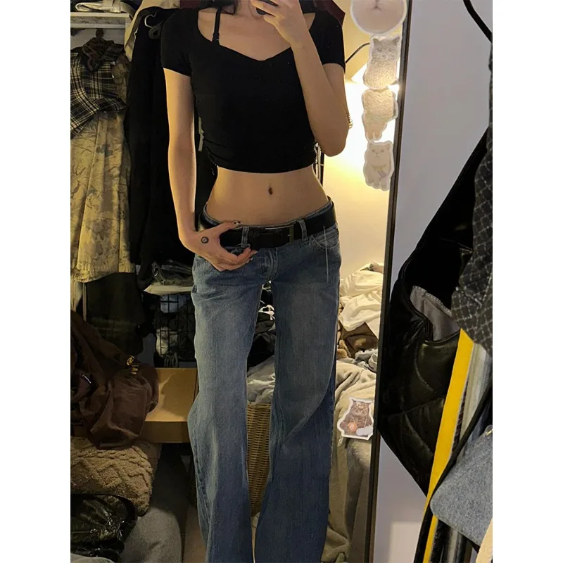 Vintage Y2k Flaredกางเกงยีนส์ผู้หญิงRetroปุ่มLow Rise Casual DenimกางเกงHarajuku 2000S AestheticกางเกงBasicกางเกงยีนส์ฤดูร้อน