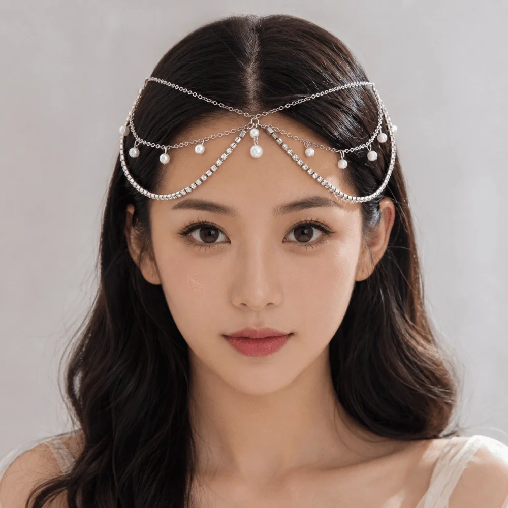 Simulated Pearl Luxury Forehead Headpiece Long Tassels Multi-Layer Bohemian Hair Chain Rhinestone Crystal Vintage