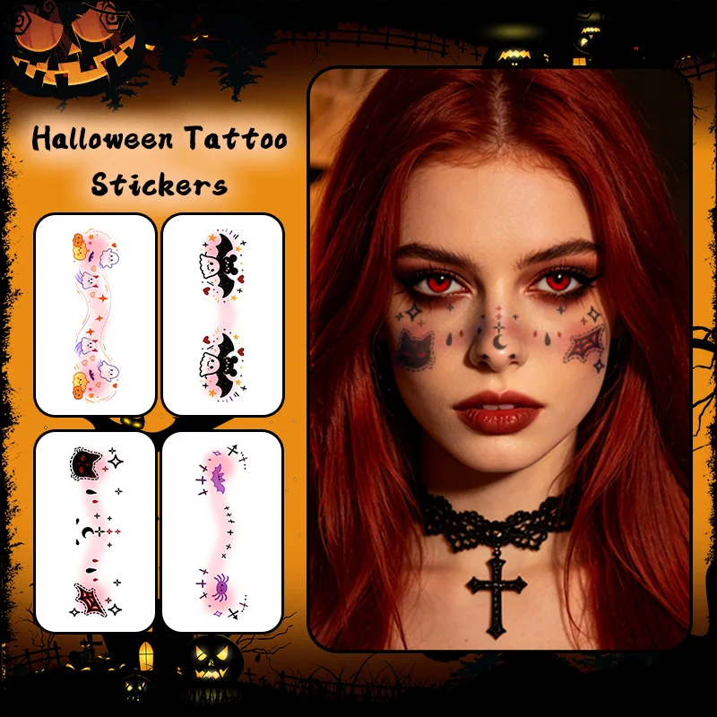 Halloween Funny Temporary Tattoo Sticker, Long-lasting and Waterproof, Bat, Ghost, Skull, Tattoo Sticker for Face