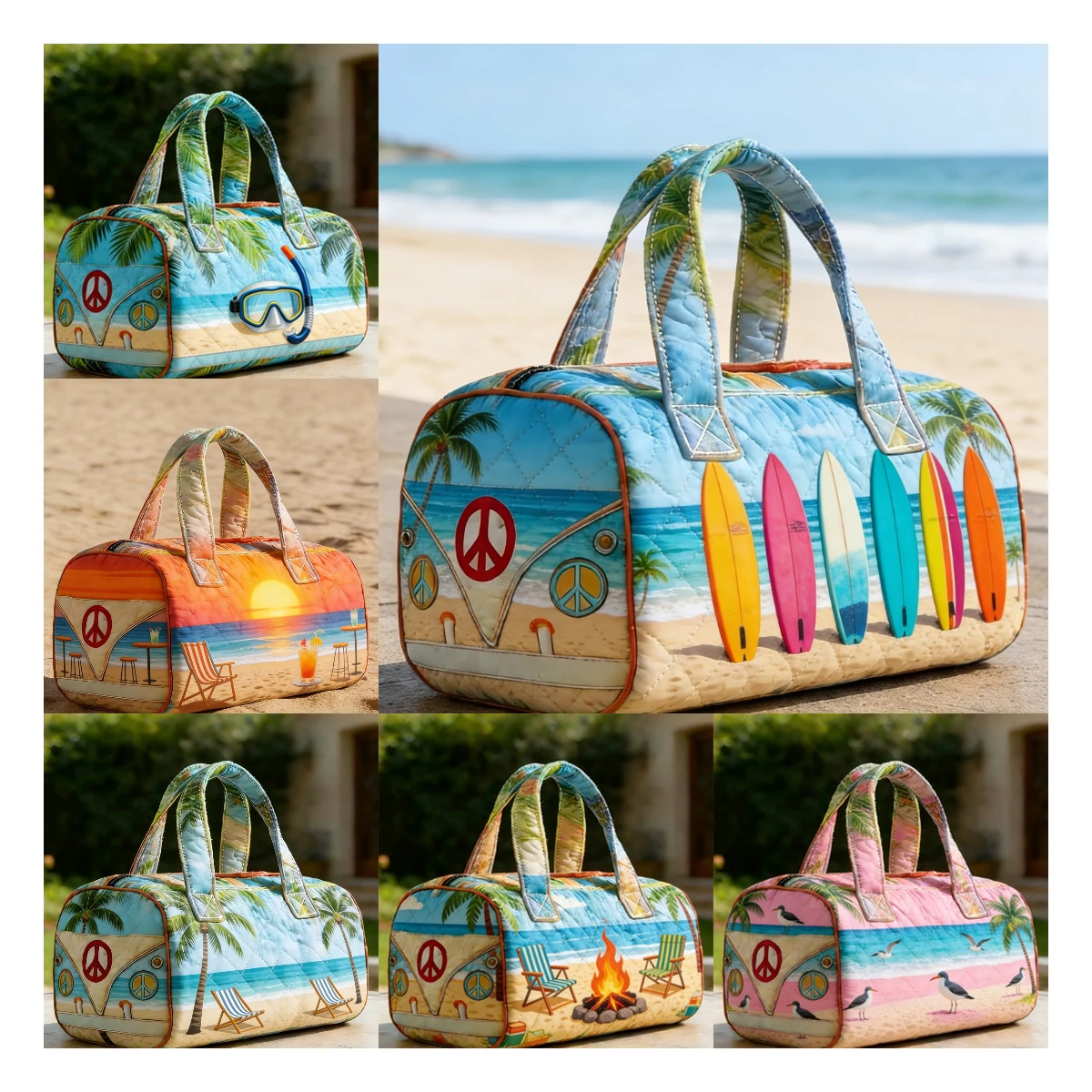 Women's Hippie Quilted Duffle Bag Tropical Palm Tree Beach Print Travel Tote Handbag Men Outdoor Weekender Bag