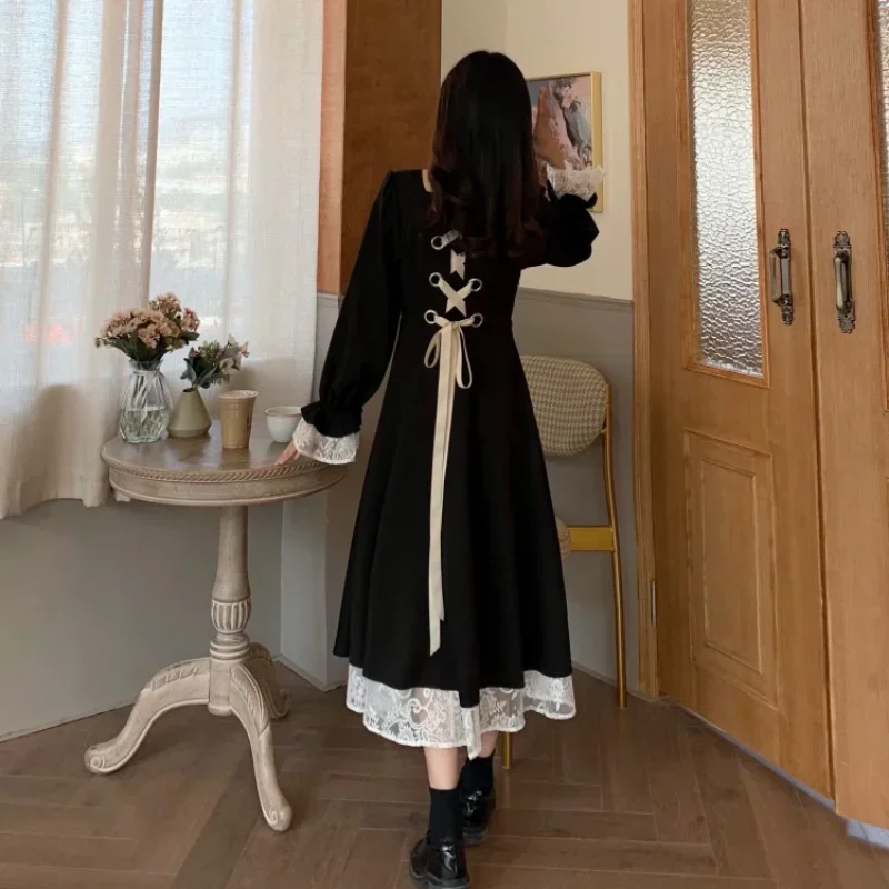 Spring Autumn Women Dress Japan Korean Fashion Elegant V-neck Lace Dress Women Collect Waist Flare Sleeves Long Vestidos Y2k