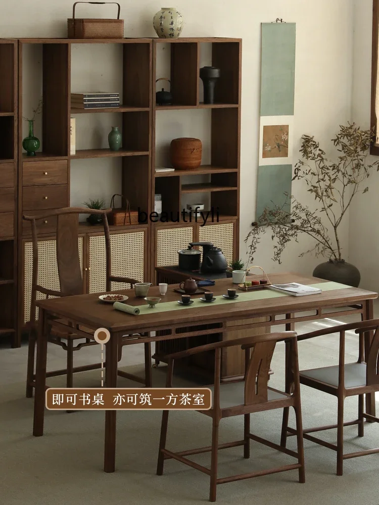 Neuer chinesischer Stil, schwarzer Walnuss-Holzschreibtisch, Massivholz-Teetisch, antike Studie, Kalligraphie-Tisch, Kalligraphie- und Maltisch G