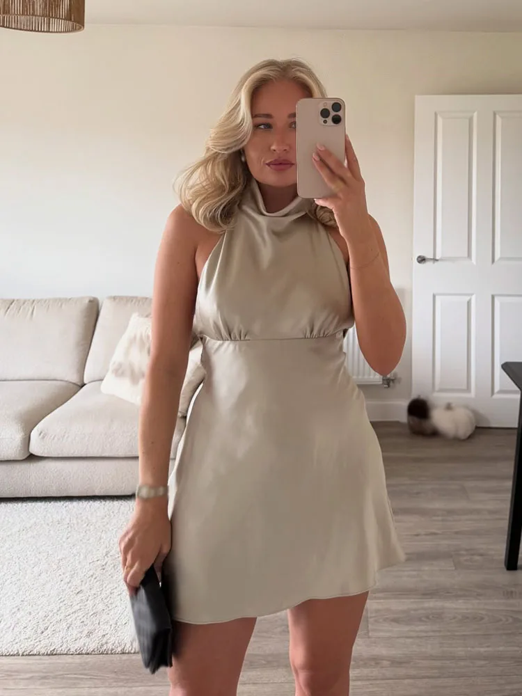 여성용 민소매 백리스 섹시 파티 드레스 여름 우아한 백 리본 주름 장식 넥 홀터 미니 드레스