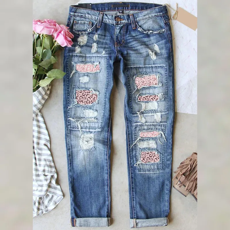 Women's Distressed Ripped Straight Leg Jeans, Pink Leopard Patchwork Rolled Cuff Vintage Washed Denim Pants Frayed Holes Casual