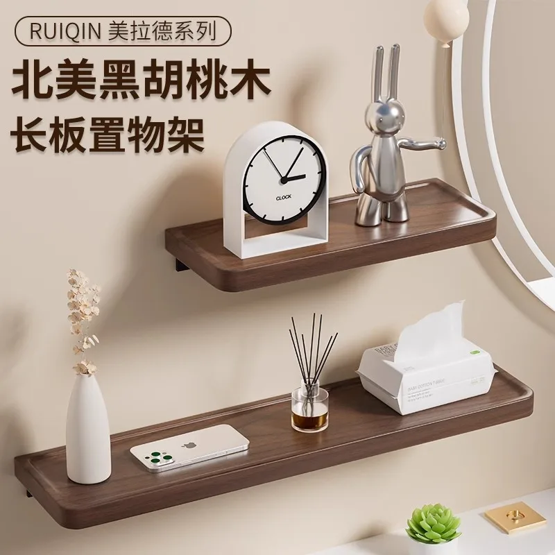Punch Free Wall Mounted Bathroom Shelf Solid Wood Floating Vanity Storage Partition