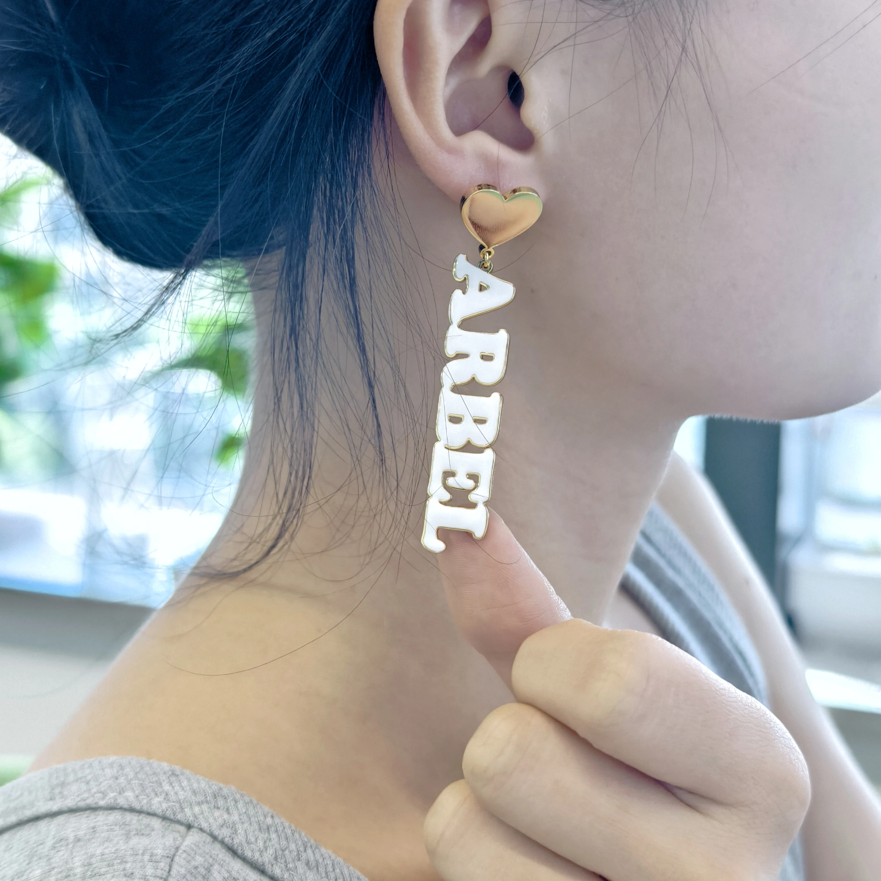 Personalized Heart Name Drop Earrings Gold Plated Customizable Jewelry Vertical Lettering and Heart Top Unique Fashion Earrings