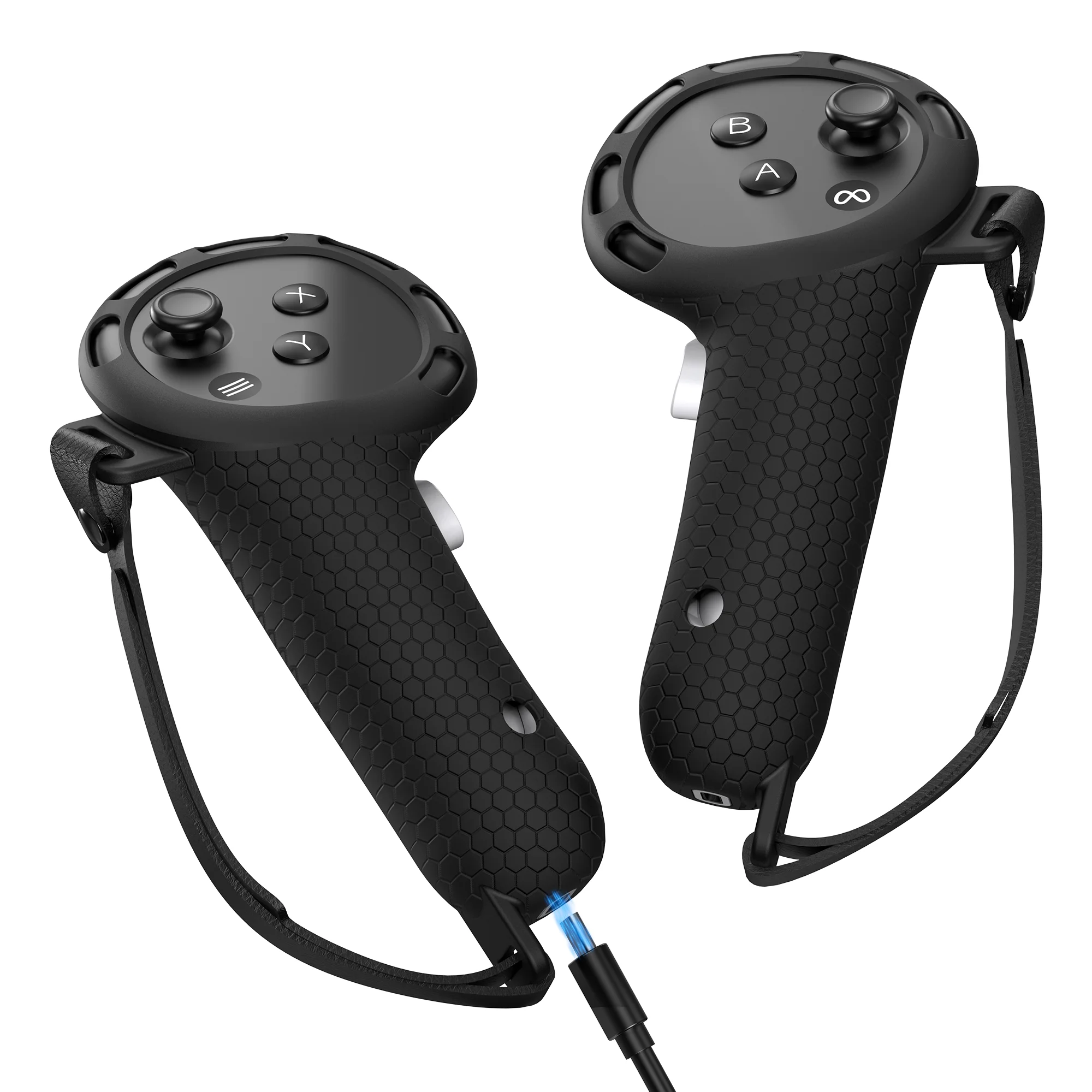 

Силиконовый чехол-накладка для контроллеров Meta Quest 3/3s с зарядным портом, крышкой для батареи и регулируемым ремешком на костяшку пальца