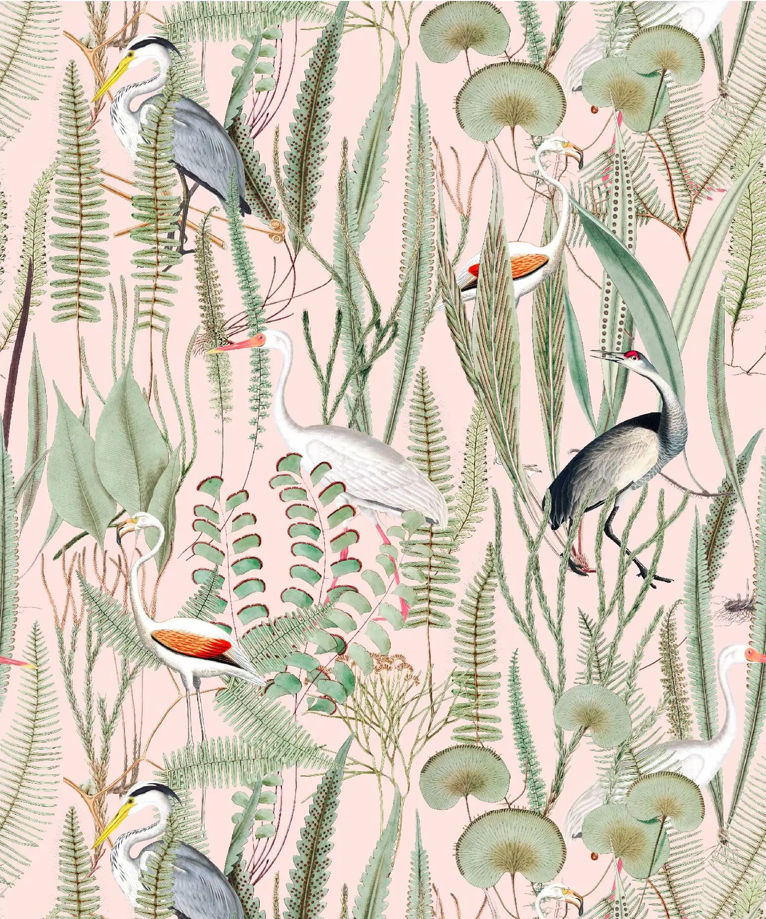 Cranes Birds Peel and Stick Wallpaper Boho Tropical Botanical Leaf Self Adhesive Wallpaper Light Pink Removable Contact Paper