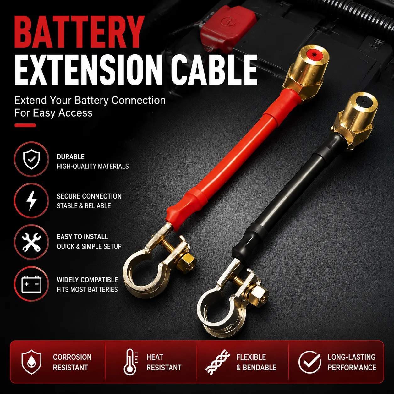 Car Battery Terminal Extension Cables Positive & Negative Power Wire Connectors Quick-Connect Battery Extension Cord 1 Set