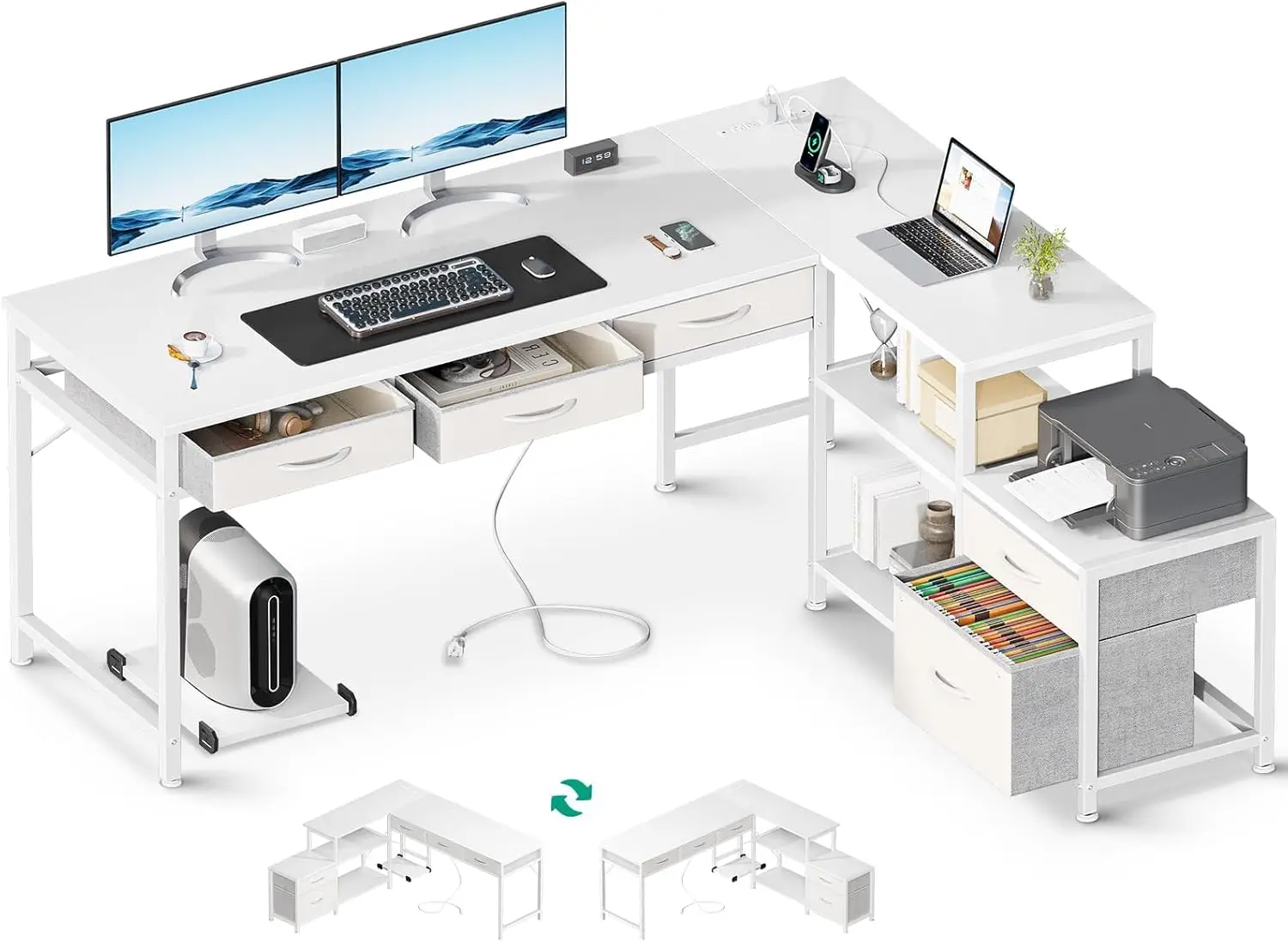 

L Shaped Computer Desk with Fabric Drawers and File Cabinet,61" Reversible Home Office Workstation Desk with Power Outlets,White