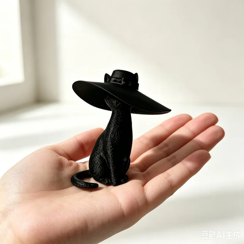 3D Printed Black Hepburn Style Cat Sculpture With Wide Brim Bow Hat Luxury Textured Black Figurine Minimalist Modern Ornament