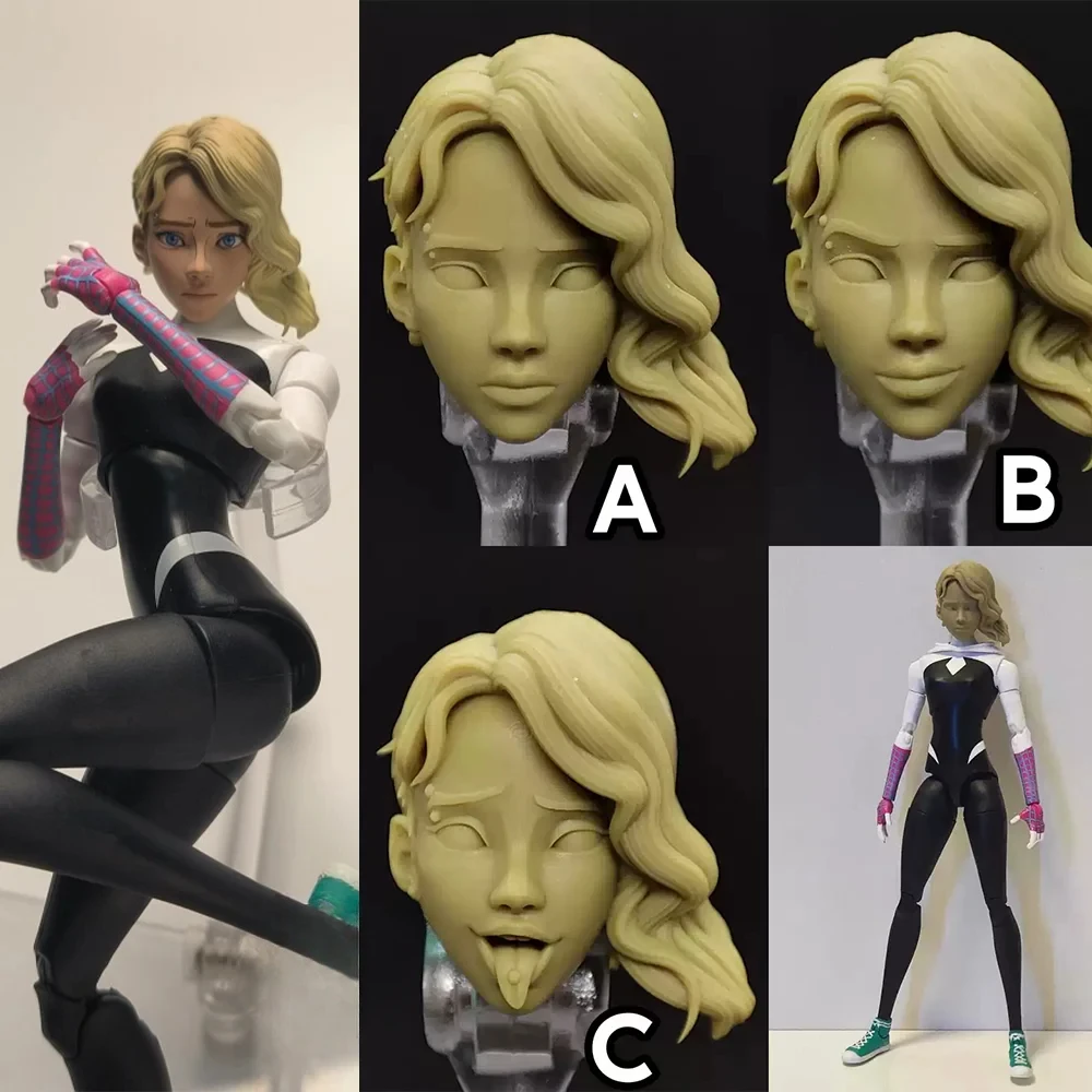 Custom 1/12 Scale Female Soldier Anime Characters Gwen Spider Man Head Carving Sculpt For 6in ML Shf Mafex Action Figures Model