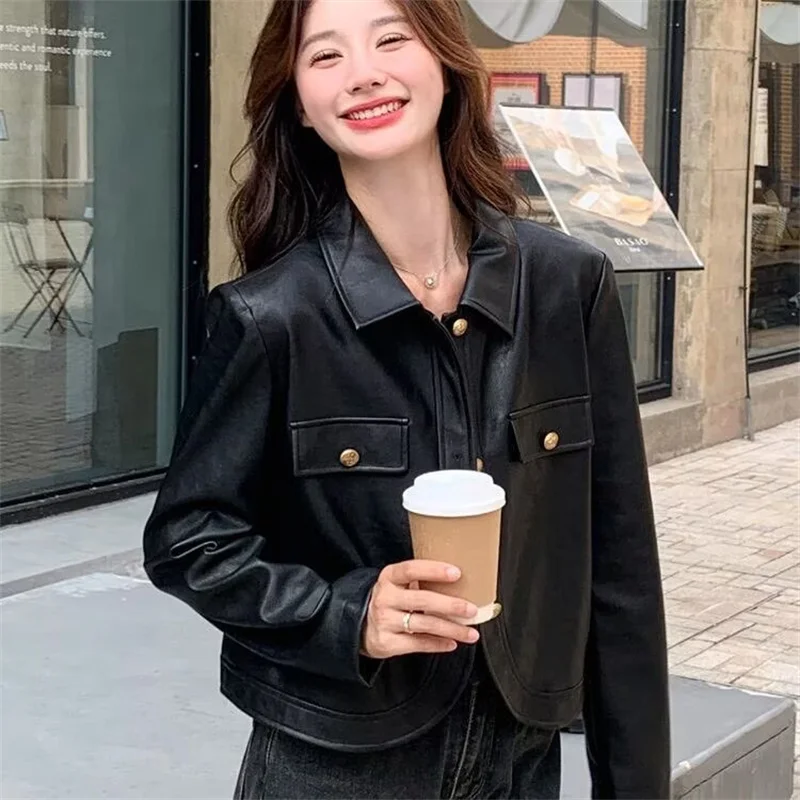 

Женские куртки Кожаная куртка Черная высококачественная кожаная куртка Женская весенне-осенняя короткая кожаная куртка в стиле ретро с высокой талией