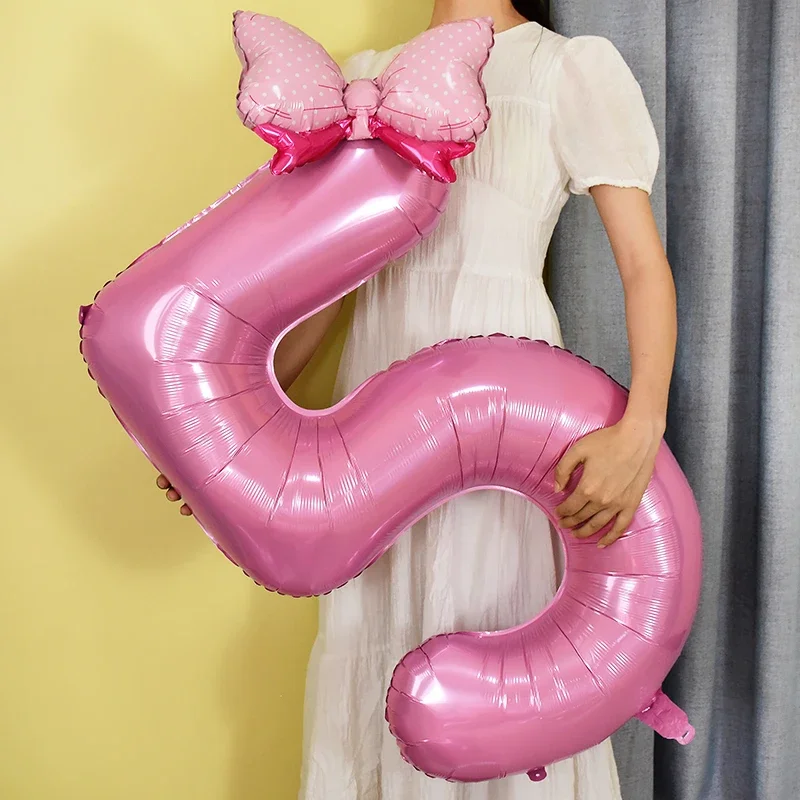 1 Stück, großes, 40 Zoll großes, rosa Folienballon in Form einer Zahl mit Schleife, für Jungen- und Mädchen-Geburtstagsfeiern, rosa Prinzessinnen-Thema, Brautparty.