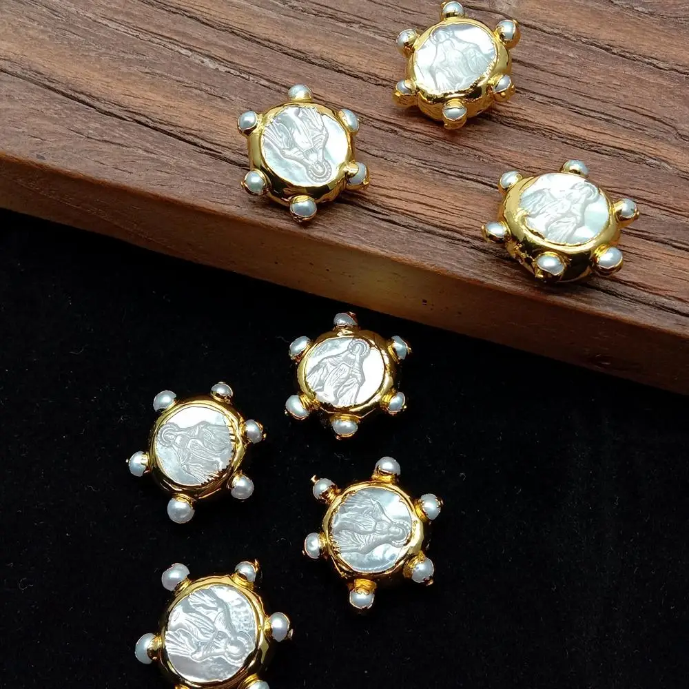 

Оптовая продажа, 5 шт., пресноводные культивированные белые жемчужины, позолоченные бусины для монет «Мать Иисуса»