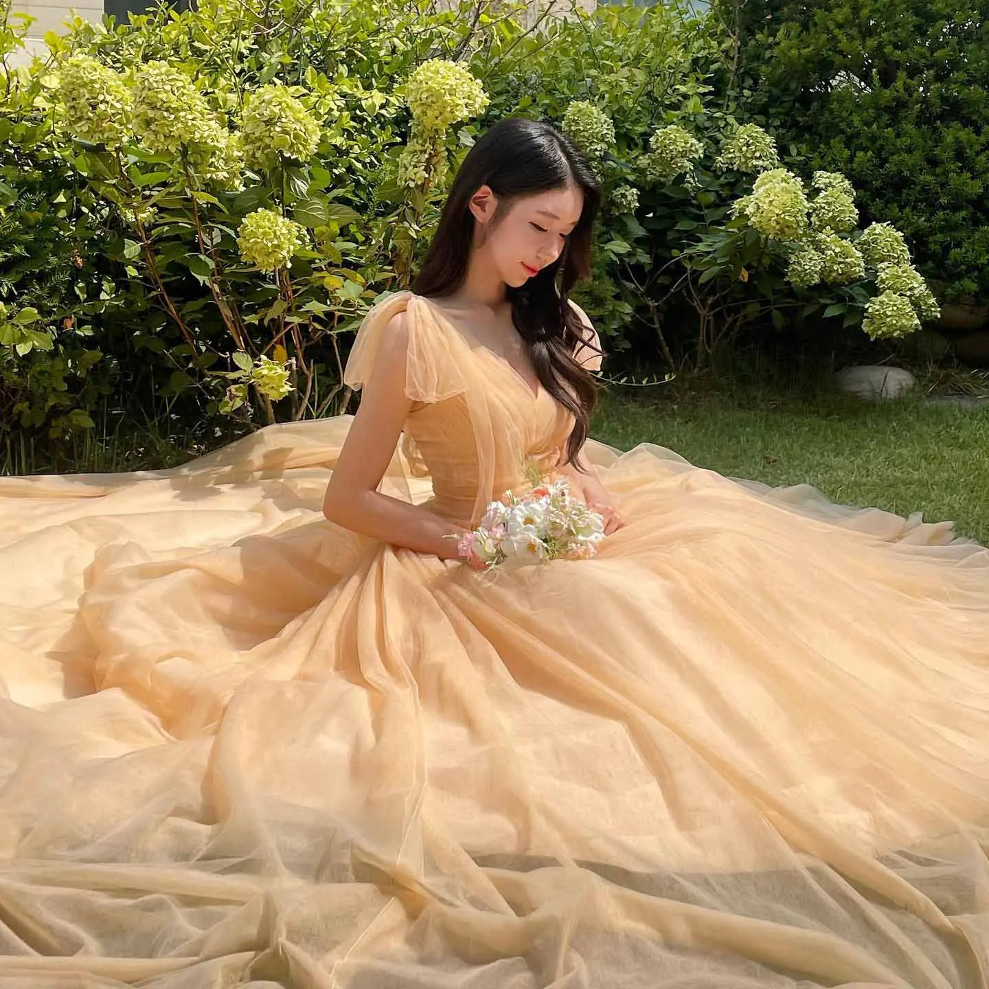 Customized Korea Garden Evening Dresses Tulle Pleat Sleeveless Formal 프롬드레스 Floor Length Elegant Prom Growns Party Women Bride