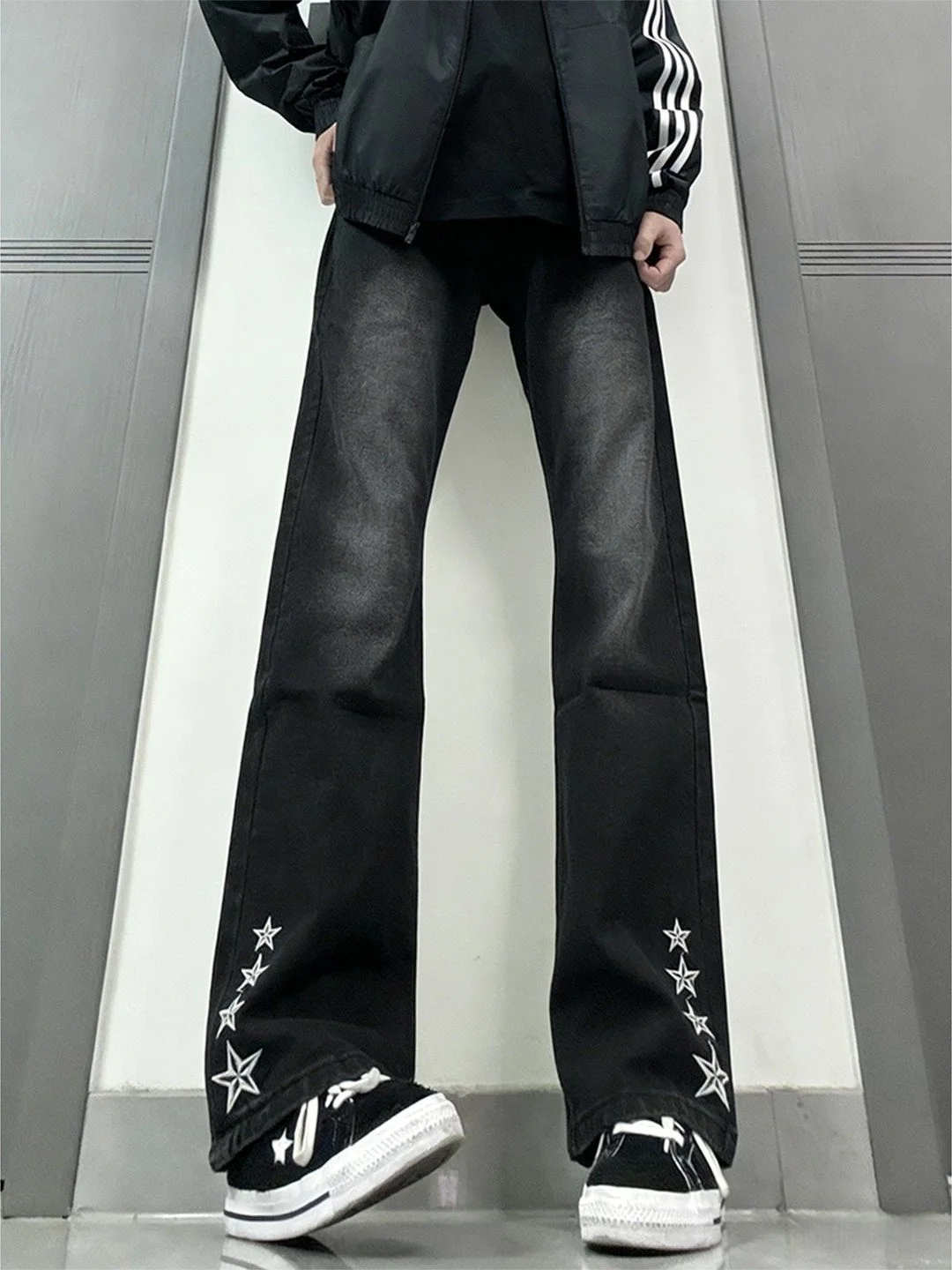

American High Street Star Embroidery Gradient Jeans Men's Retro Vibe Straight Leg Narrow Fit Bell Bottoms Casual Jeans