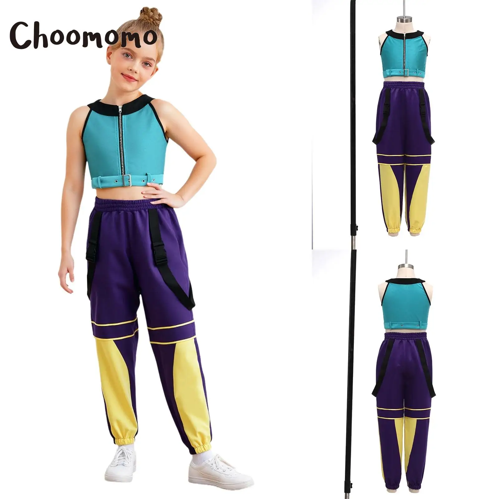 

Kids Girls Demon Anime Singer Cosplay Outfit Halloween Carnival Party Costume Sleeveless Crop Top Waist Belt Long Pants Sets