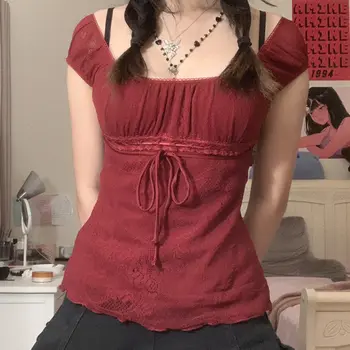 تيشيرت أنيق للسيدات بياقة مربعة وربطة عنق كاواي وأكمام قصيرة، تيشيرتات قصيرة بتصميم Y2K عتيق، ملابس ريترو نسائية 8 best sales بلوزة عنابية اللون - №2