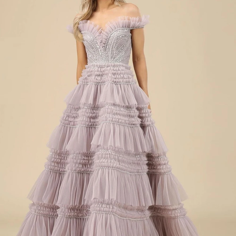 

Exquisite and luxury Tiered Tulle Sequined Beading Evening Dresses Strapless Off the Shoulder A-Line Sleeveless Sweep Train Gown