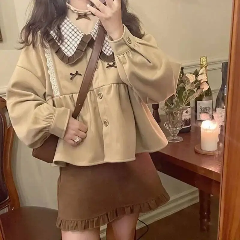 Japan Sweet Dress Sets Women Peter Pan Collar Lace Spliced Long Sleeved Shirts Basics Solid Skirt Two Piece Set Woman