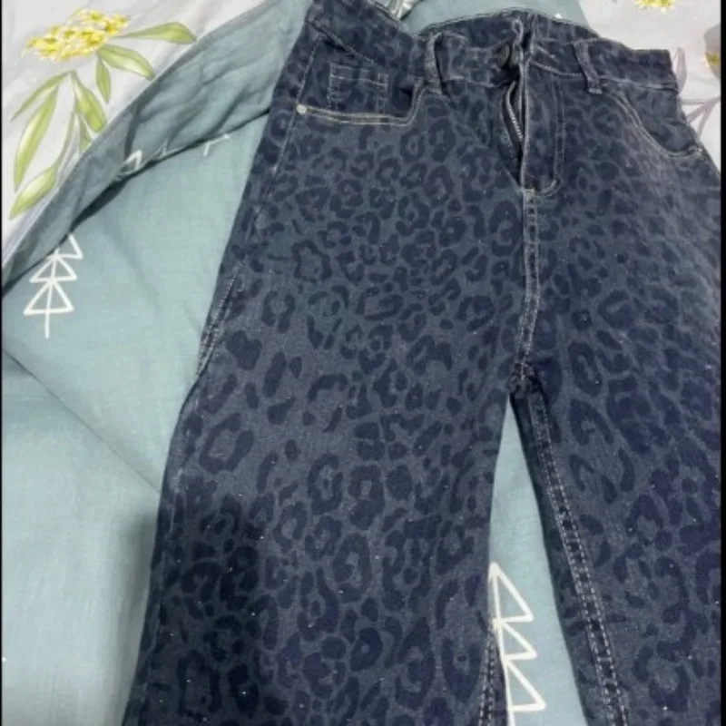 American Retro Leopard Print Jeans Loose and Versatile Trousers Tide Women's New Autumn  Winter Heavy Industry Casual Pants Ins