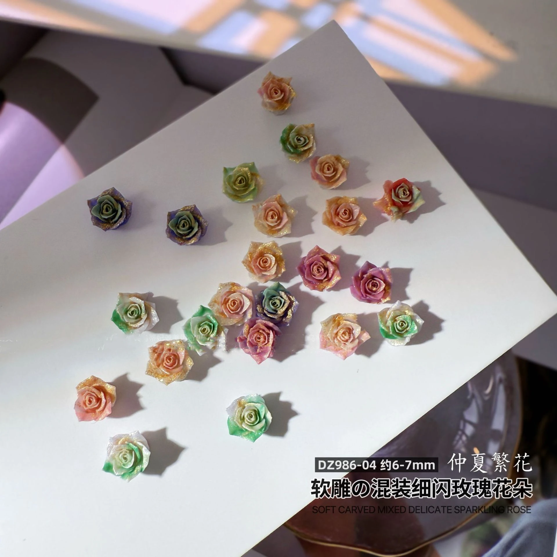 50PCS Pretty Gradient Glitter Dyeing Rose Camellia Fower Butterfly Soft Carved Nail Art Rhinestones Decorations Manicure Charms