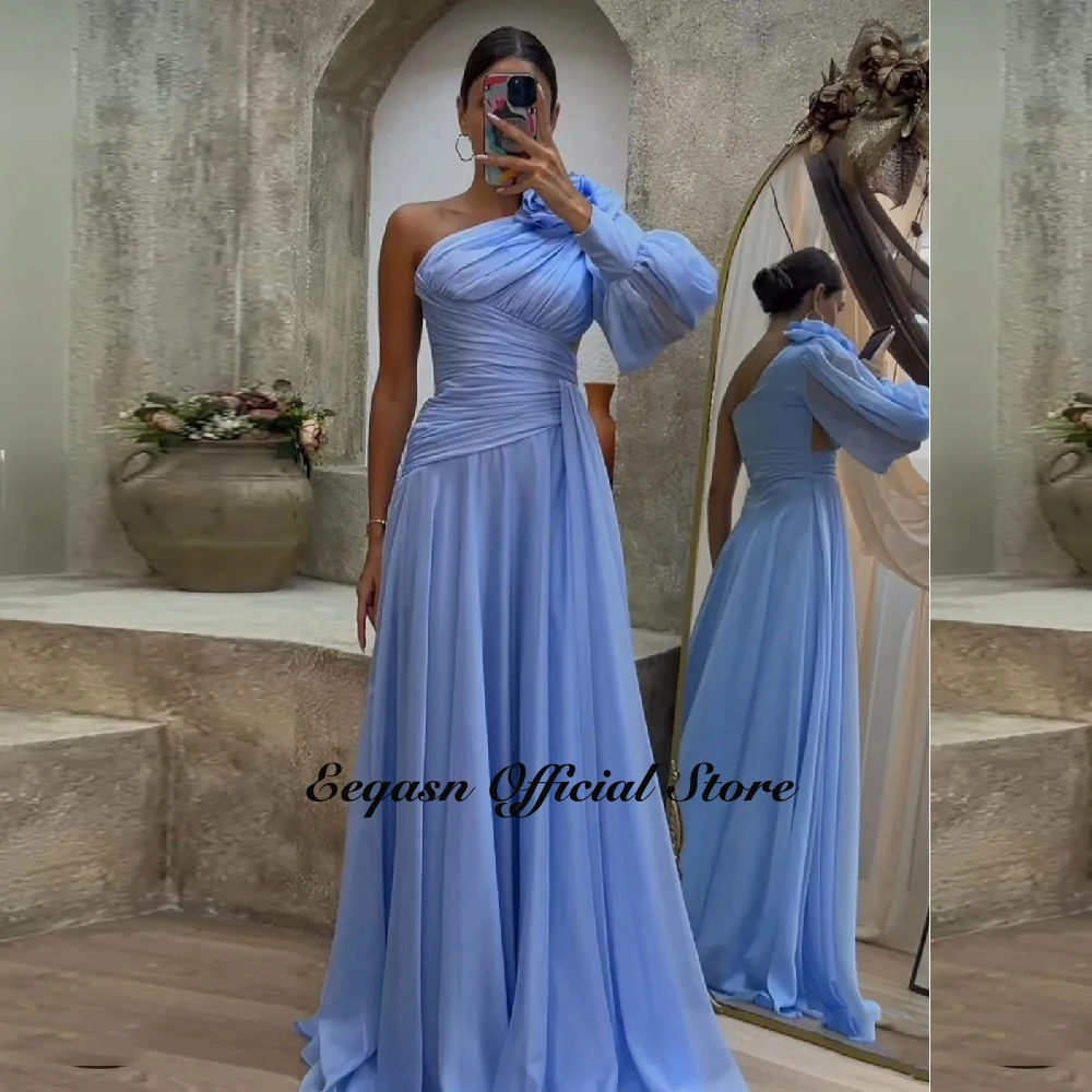 Customized One Shoulder Evening Dress A-Line Chiffon Long Sleeve Ruched Floor Length Split Formal Dresses Women Party Gown