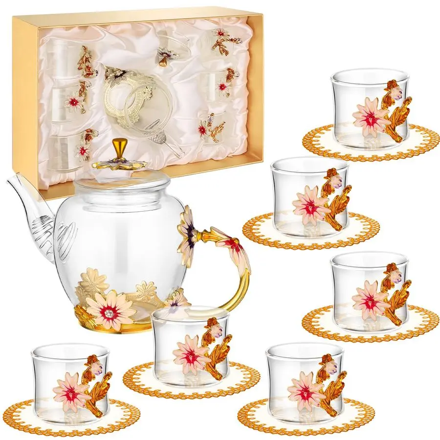 

Pcs Floral Tea Set for Women, Vintage Flower Teapot Set With Gift Box, Glass Tea Kettle, Fancy Cup, Mug With Coasters for Kitche