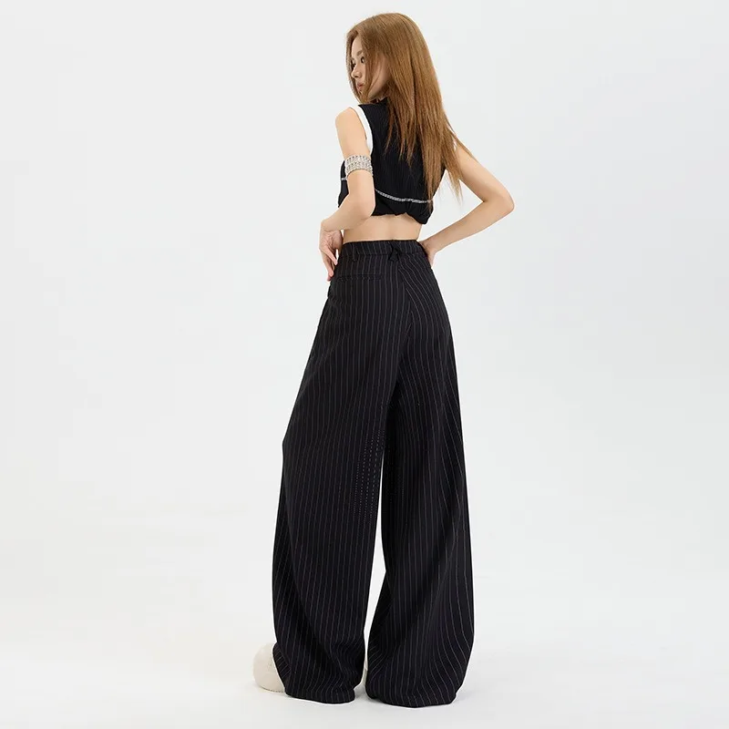 Black Striped Wide Leg Suit Pants for Women Loose Thin Hanging Casual Versatile Slimming Multi-functional Straight Leg Pants