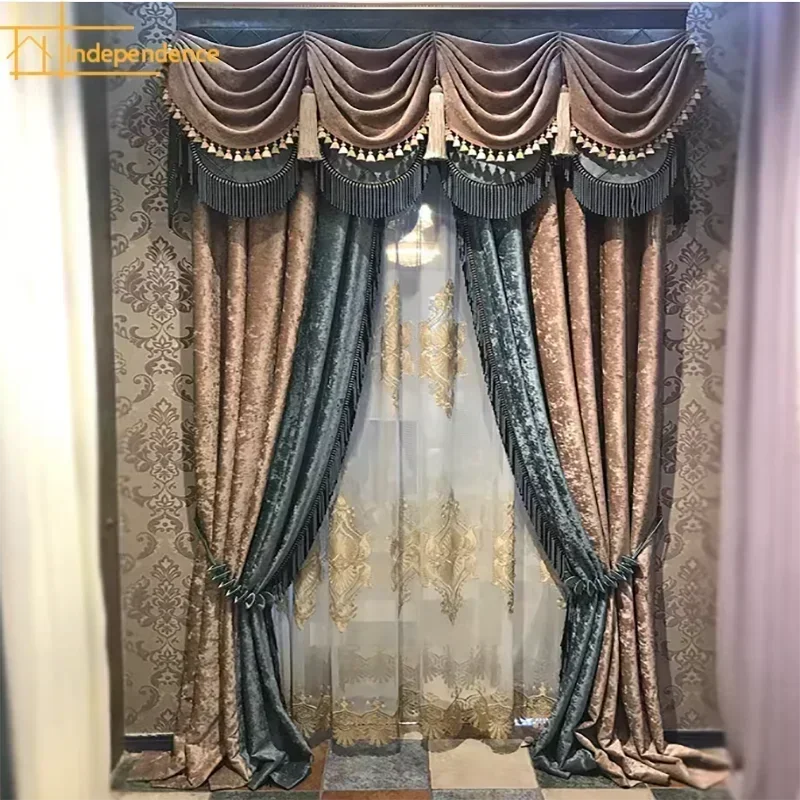 European-style Curtain Chenille Heat Insulation Retro Blackout Thick Ice Silk Bright  Curtains for Living Dining Room Bedroom